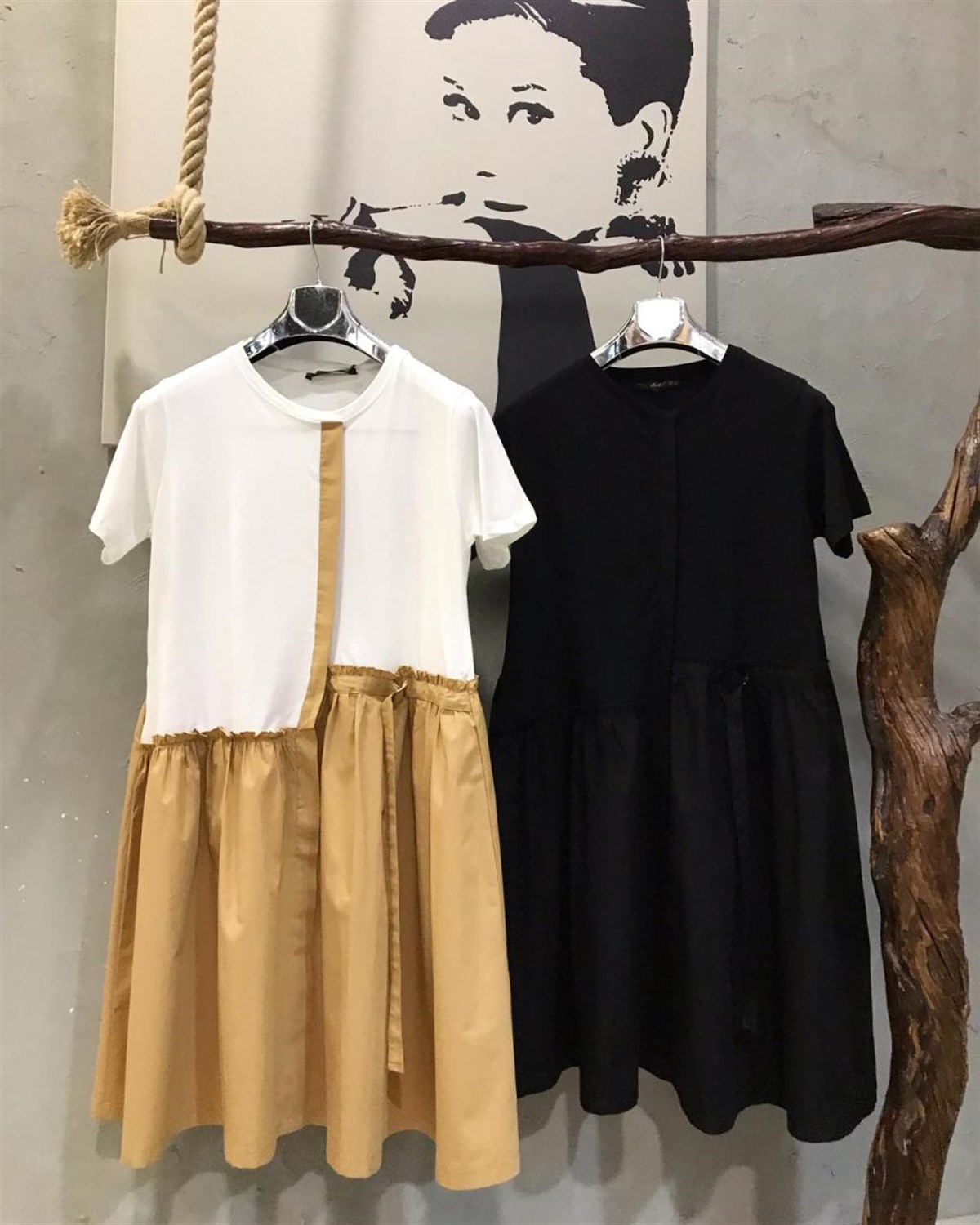 Üstü Penye Eteği Coton Kumaş Elbise (CAMEL & SİYAH)