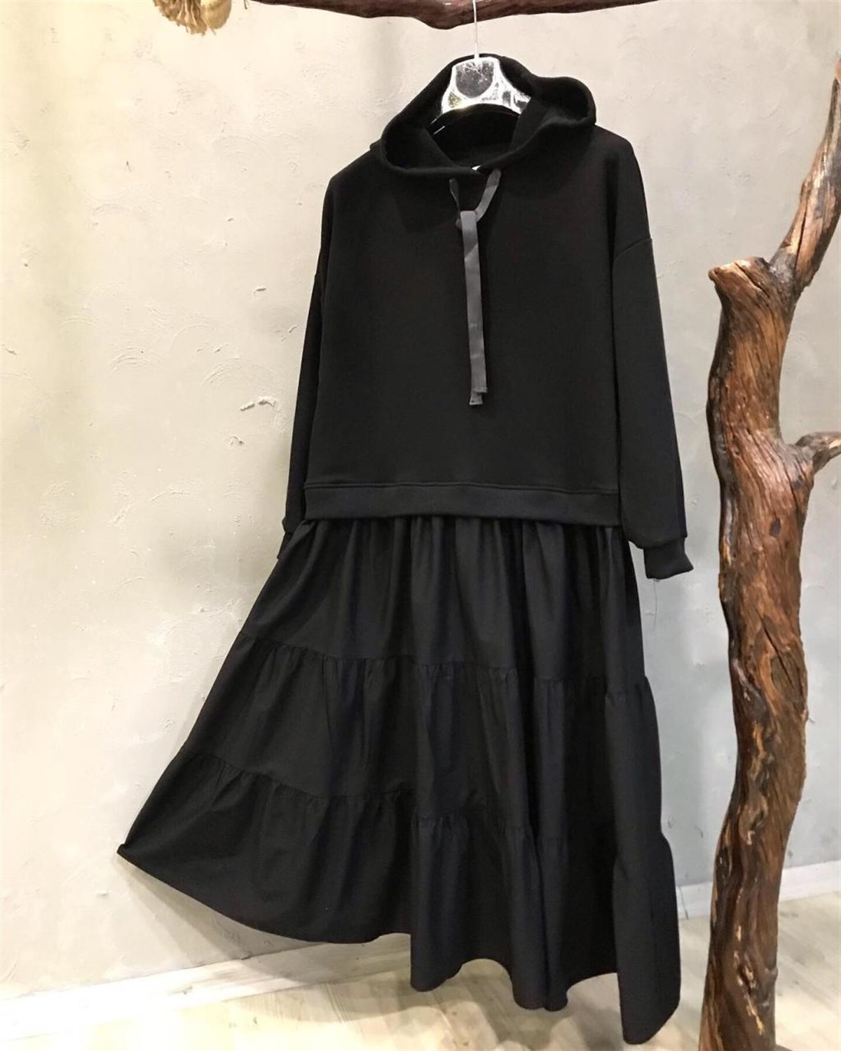 Üstü Sweat Altı Coton Kumaş Elbise (SİYAH)