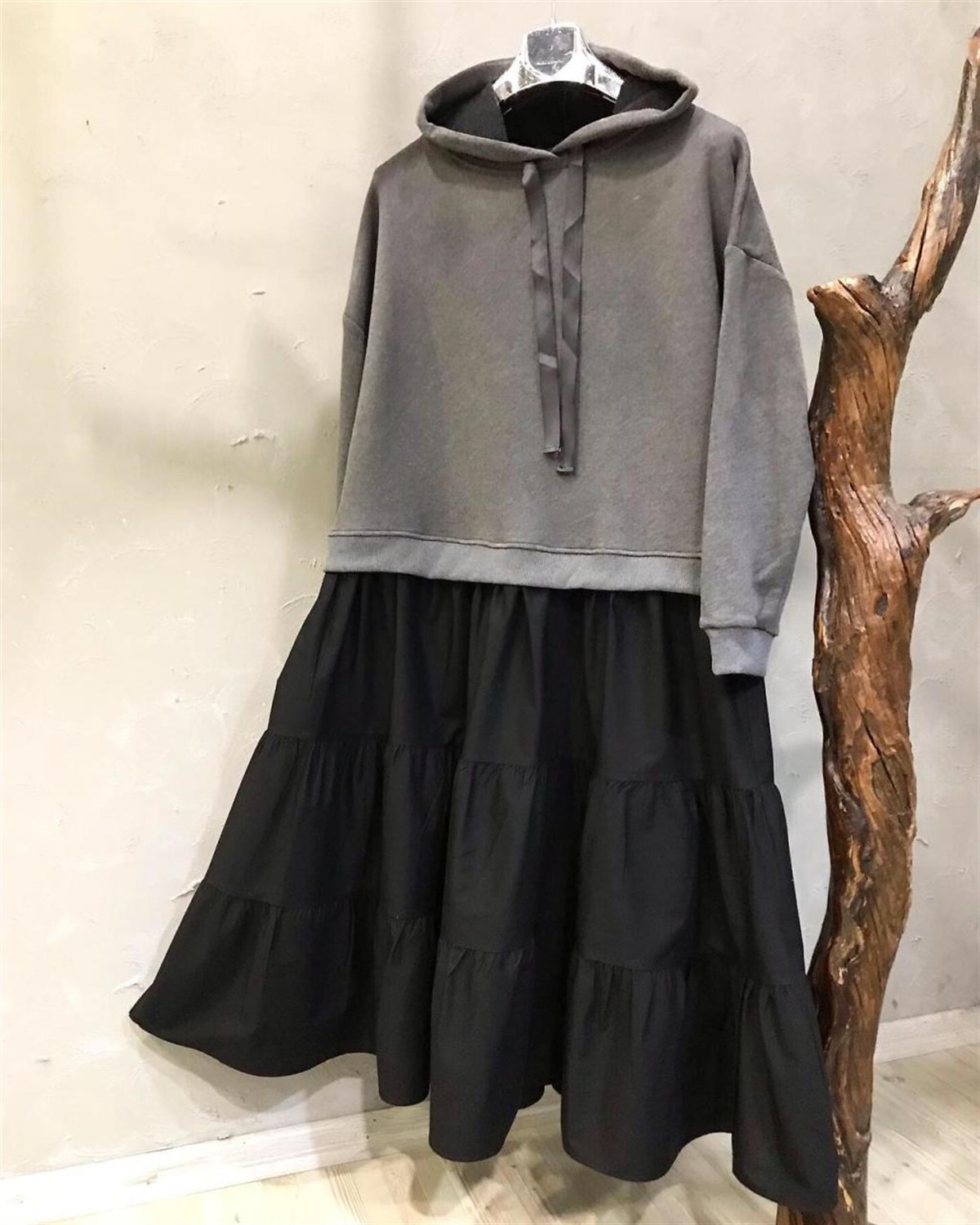 Üstü Sweat Altı Coton Kumaş Elbise(GRİ)