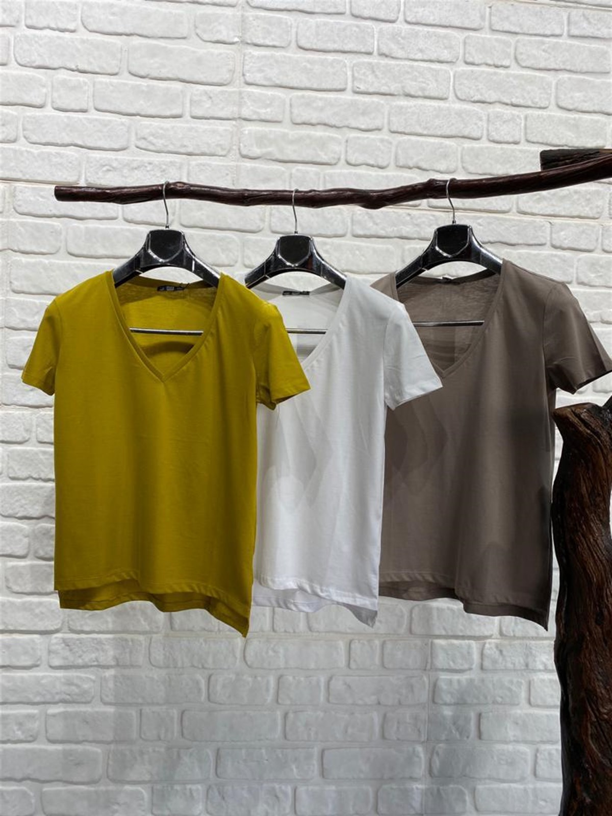 V Yaka Basic Tshirt (YAĞ YEŞİLİ &  BEYAZ & KOYU VİZON)