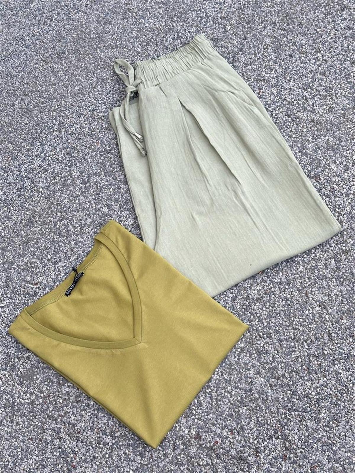 V Yaka Dilvin Basic T-Shirt (Haki/Bej)