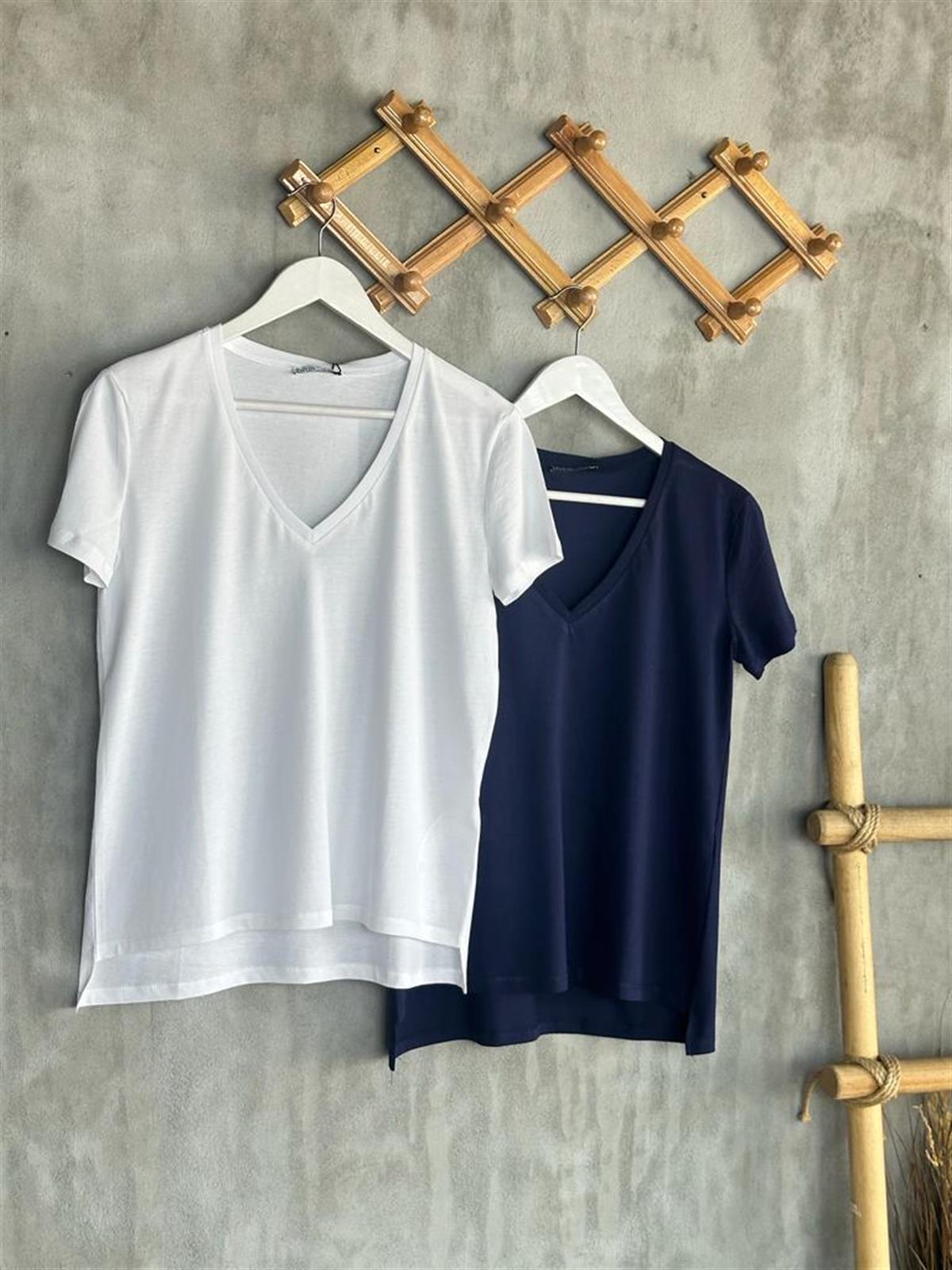 V Yaka Dilvin Basic T-Shirt (Lacivert/Beyaz)