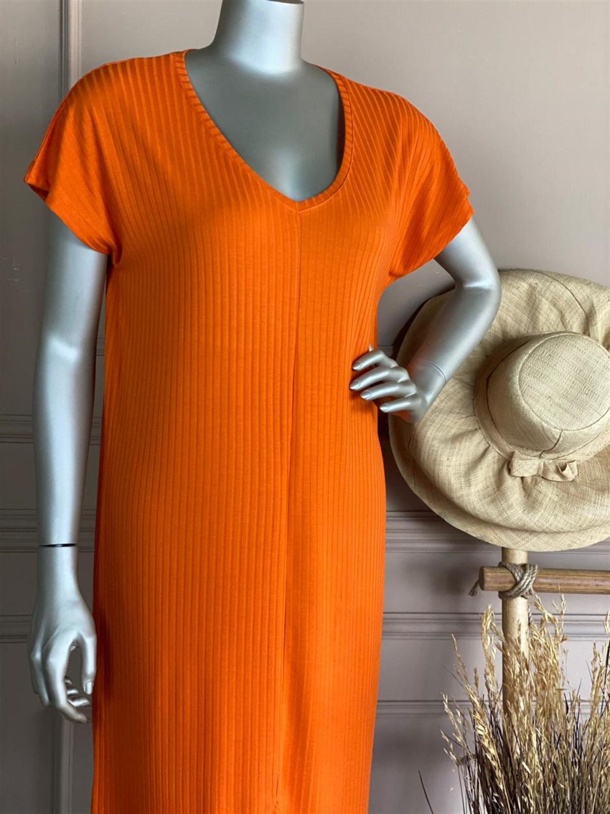V Yaka Kaşkorse Elbise (Oranj)
