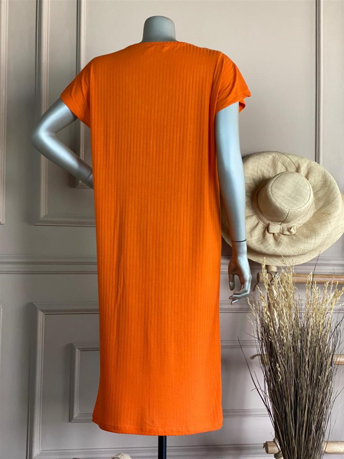 V Yaka Kaşkorse Elbise (Oranj)