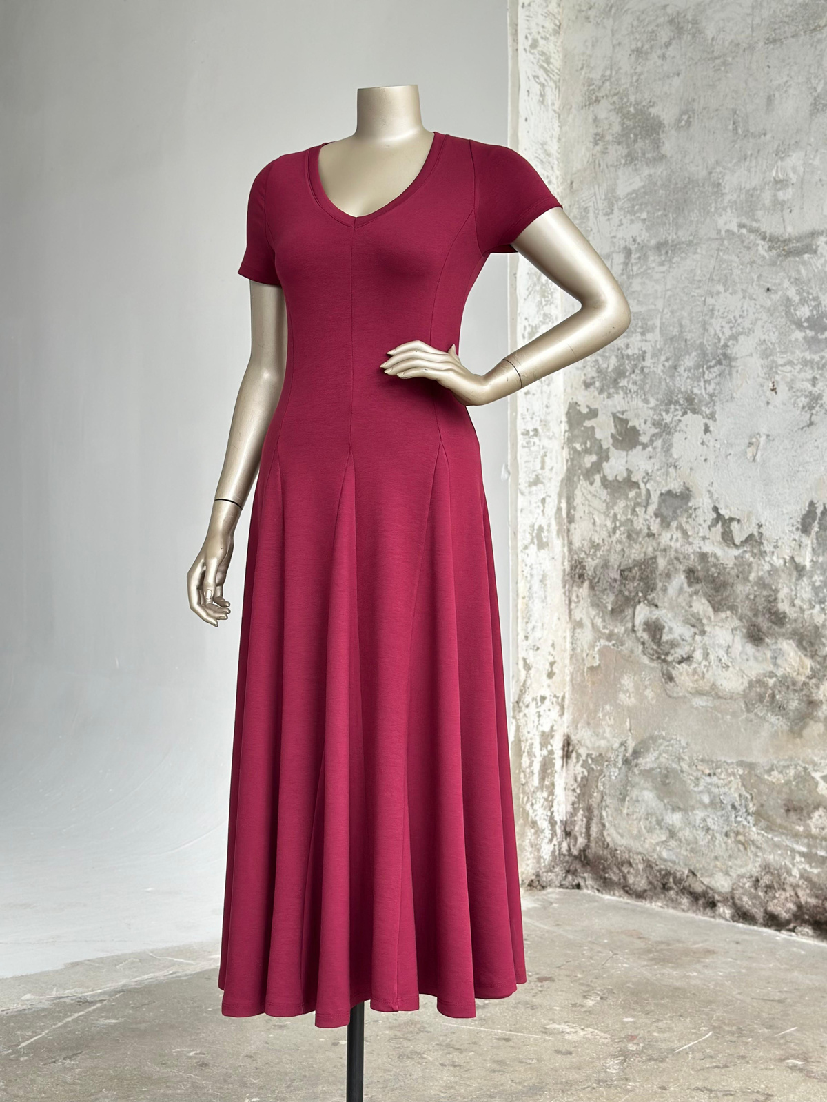 V Yaka Modal Kumaş Kiloş Elbise (Bordo)