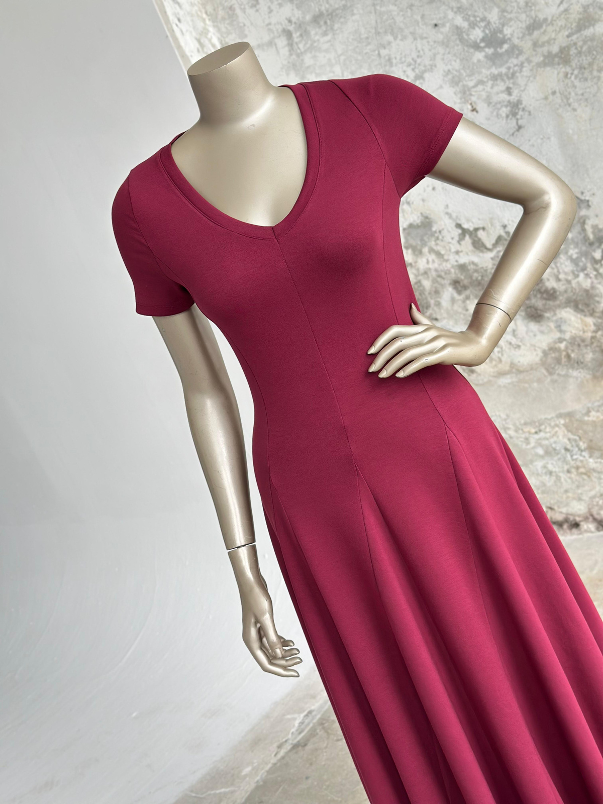 V Yaka Modal Kumaş Kiloş Elbise (Bordo)