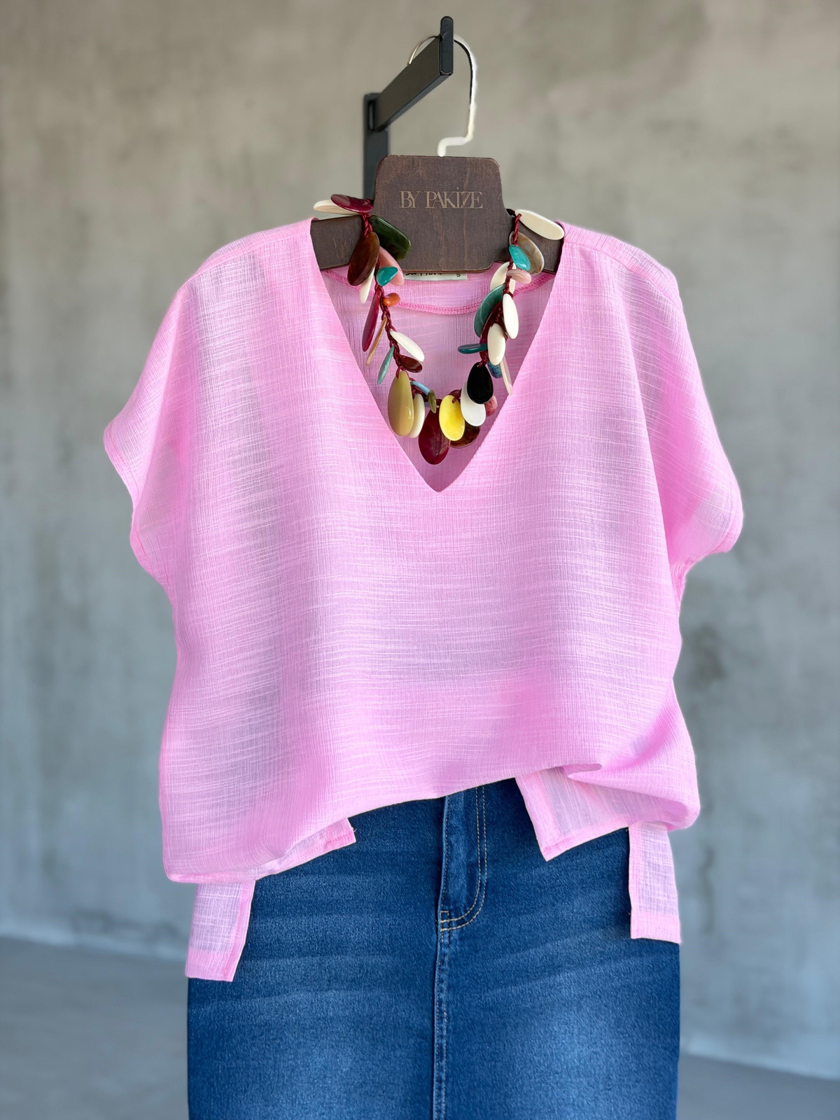 V Yaka Yan Yırtmaç Bluz (Pembe)