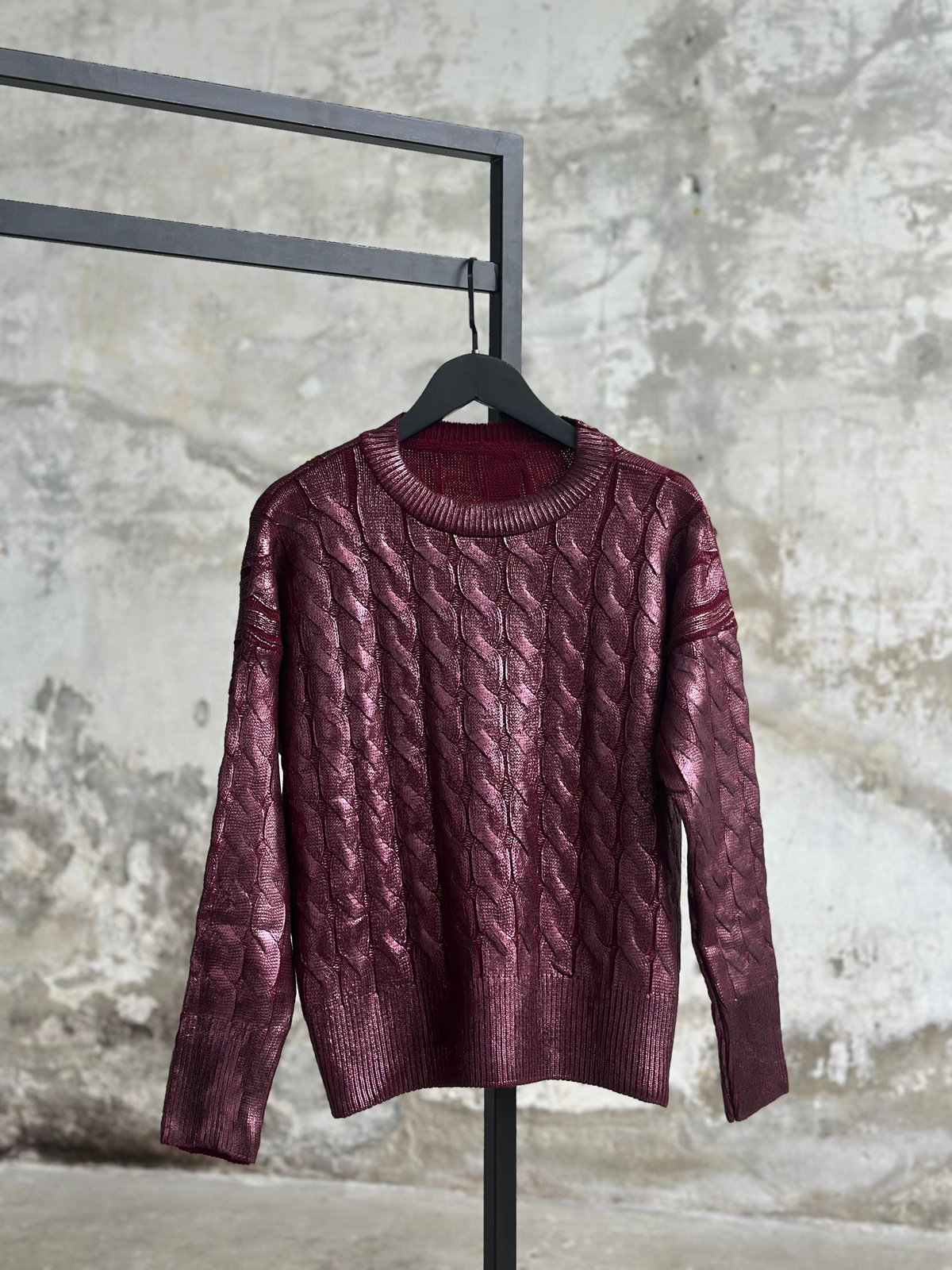 Varak Kaplamalı Saç Örgü Kazak (Bordo)