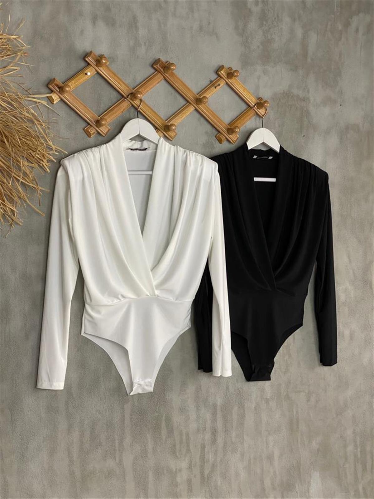 Vatkalı V Yaka Bodysuit (Siyah/Beyaz)