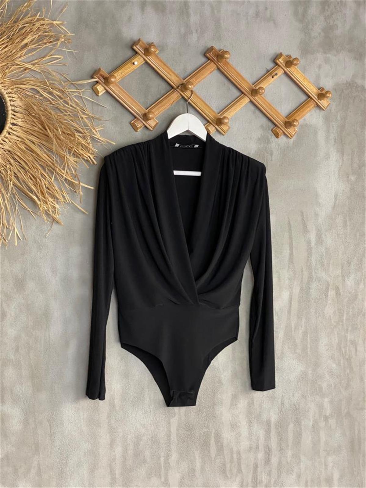 Vatkalı V Yaka Bodysuit (Siyah/Beyaz)
