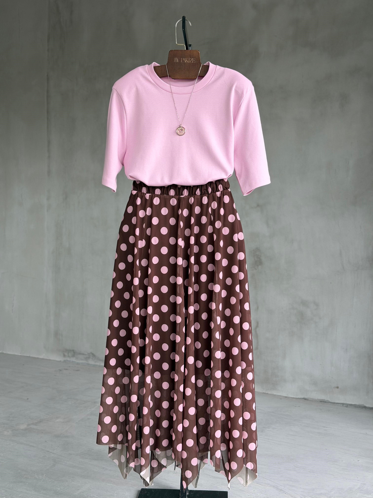 Vintage Asimetrik Tül Etek (Pembe-Kahve)
