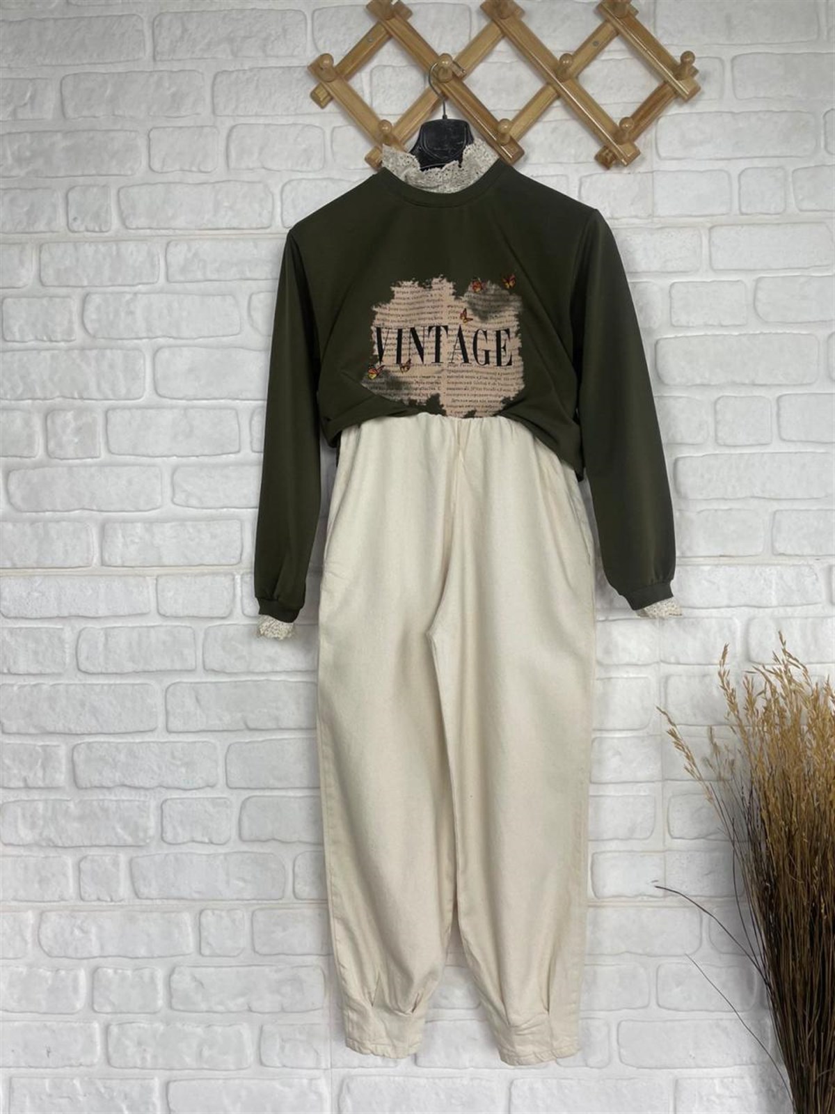 Vintage Baskı Desenli sweat (YEŞİL)