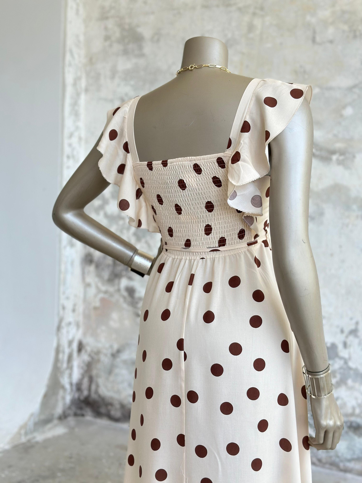 Vintage Kahve Puantiyeli Prenses Model Elbise (Ekru)