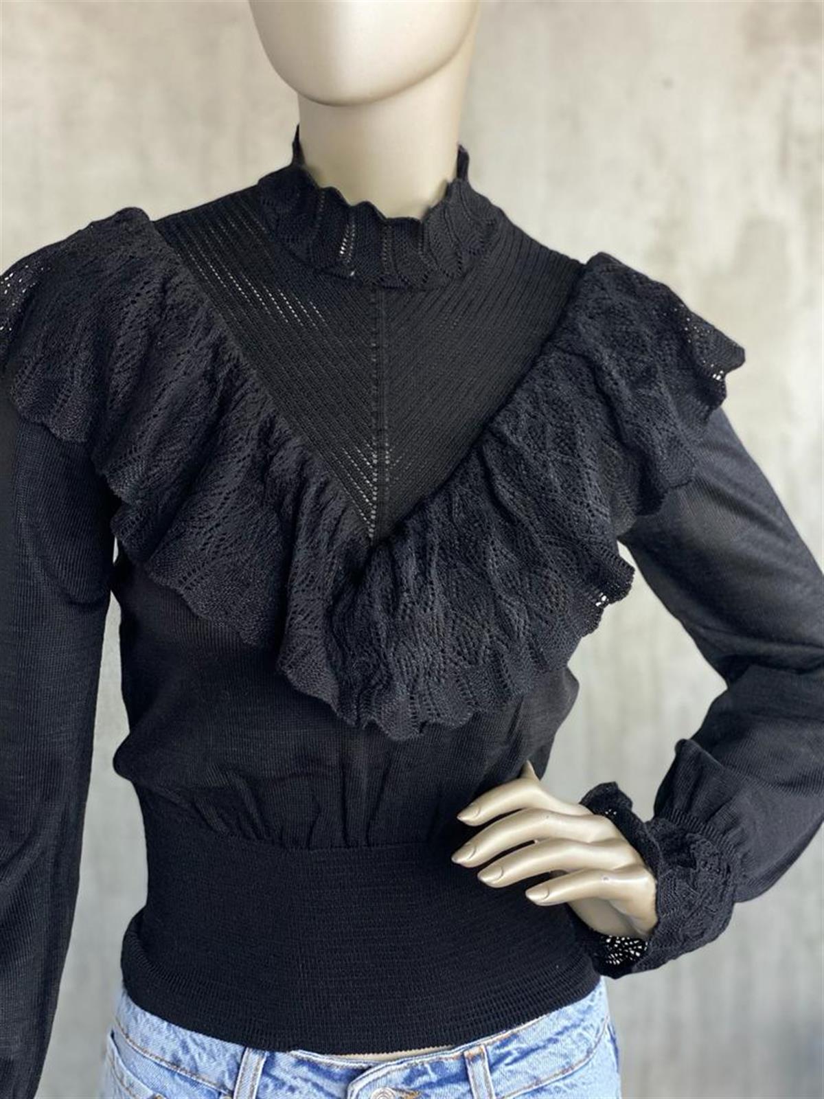 Vintage Model Beli Korseli Triko Kazak (Siyah)