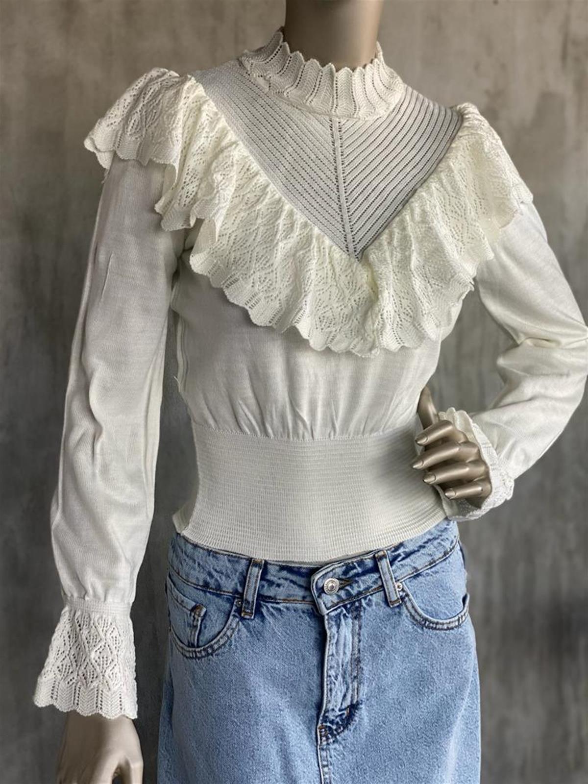 Vintage Model Beli Korseli Triko Kazak (Beyaz)