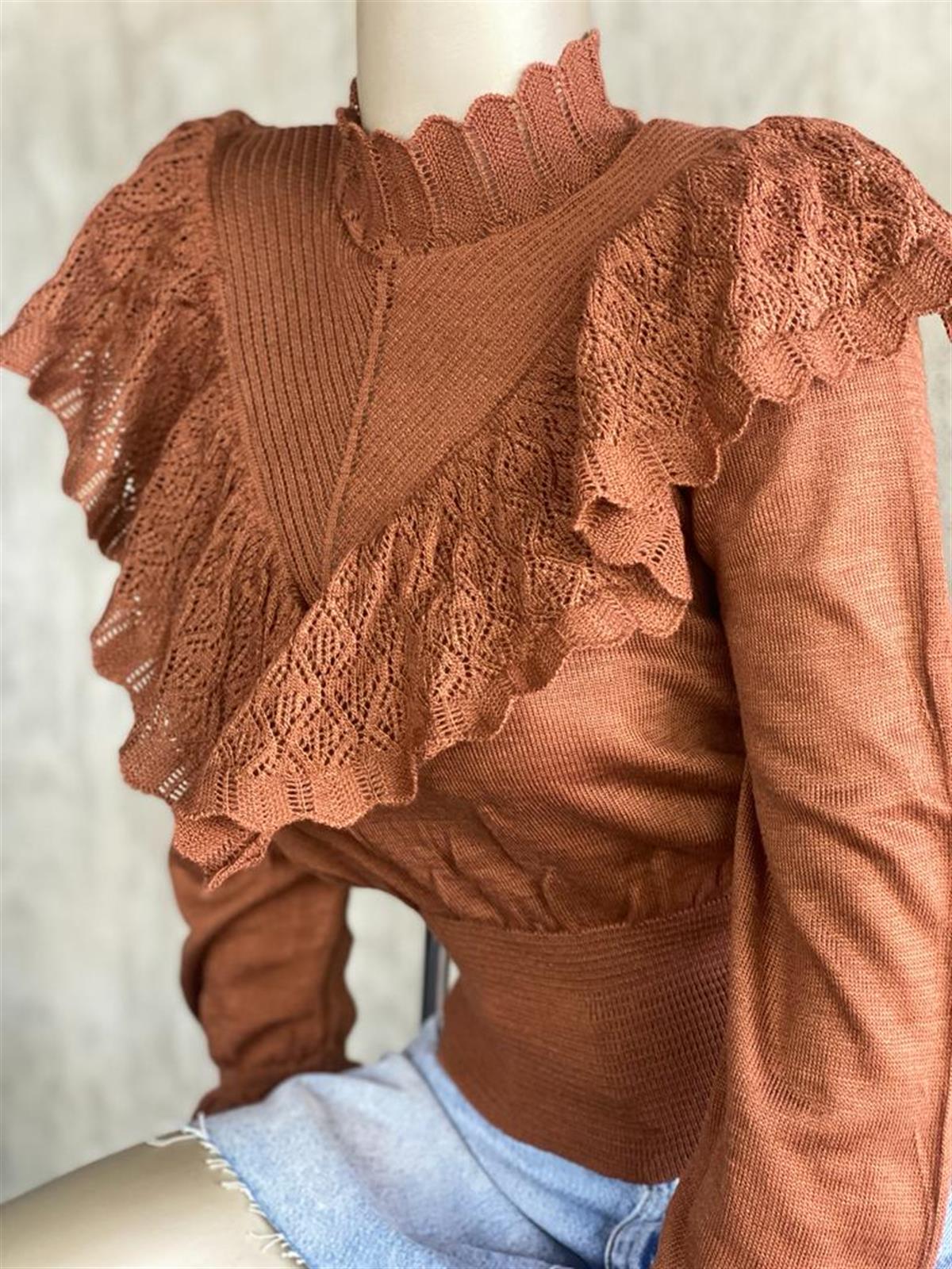 Vintage Model Beli Korseli Triko Kazak (Acı Kahve)
