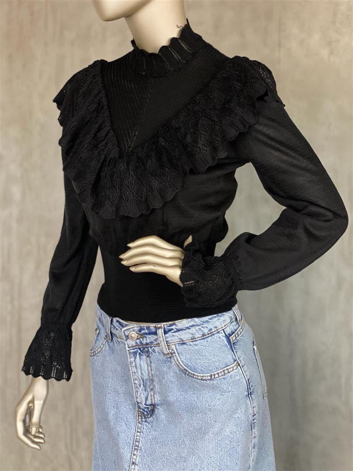 Vintage Model Beli Korseli Triko Kazak (Siyah)