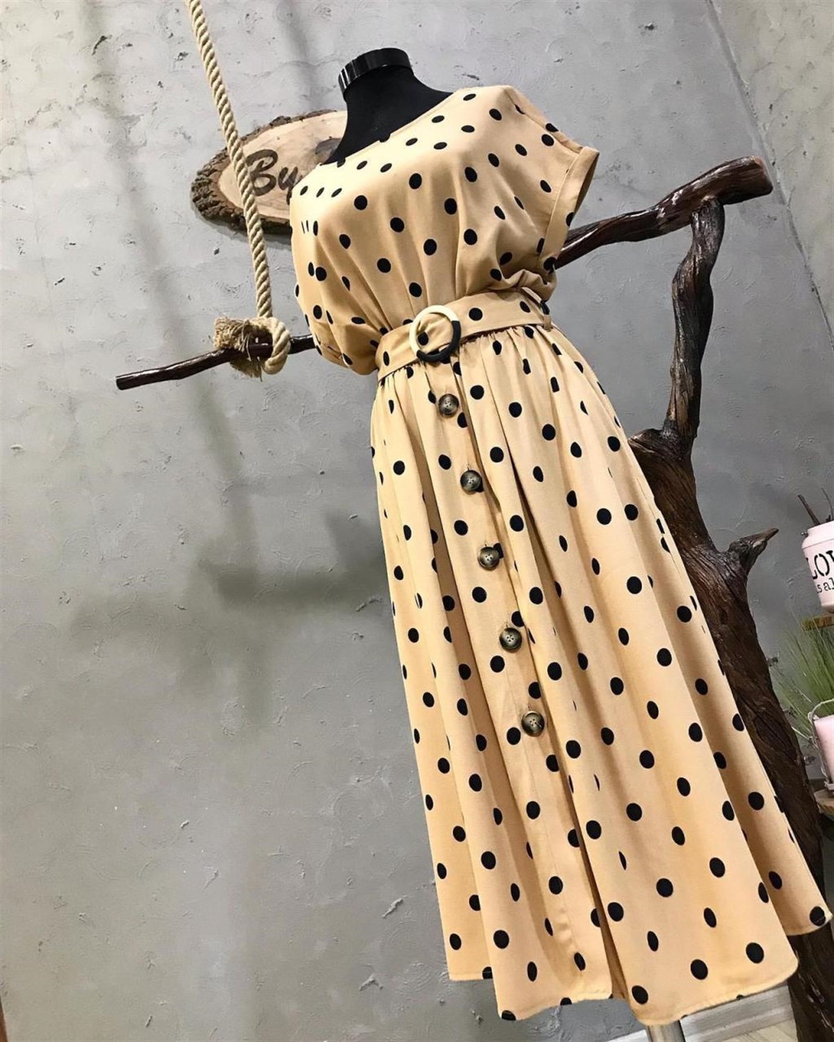 Vintage Model Krep Kumaş Midi Boy Elbise
