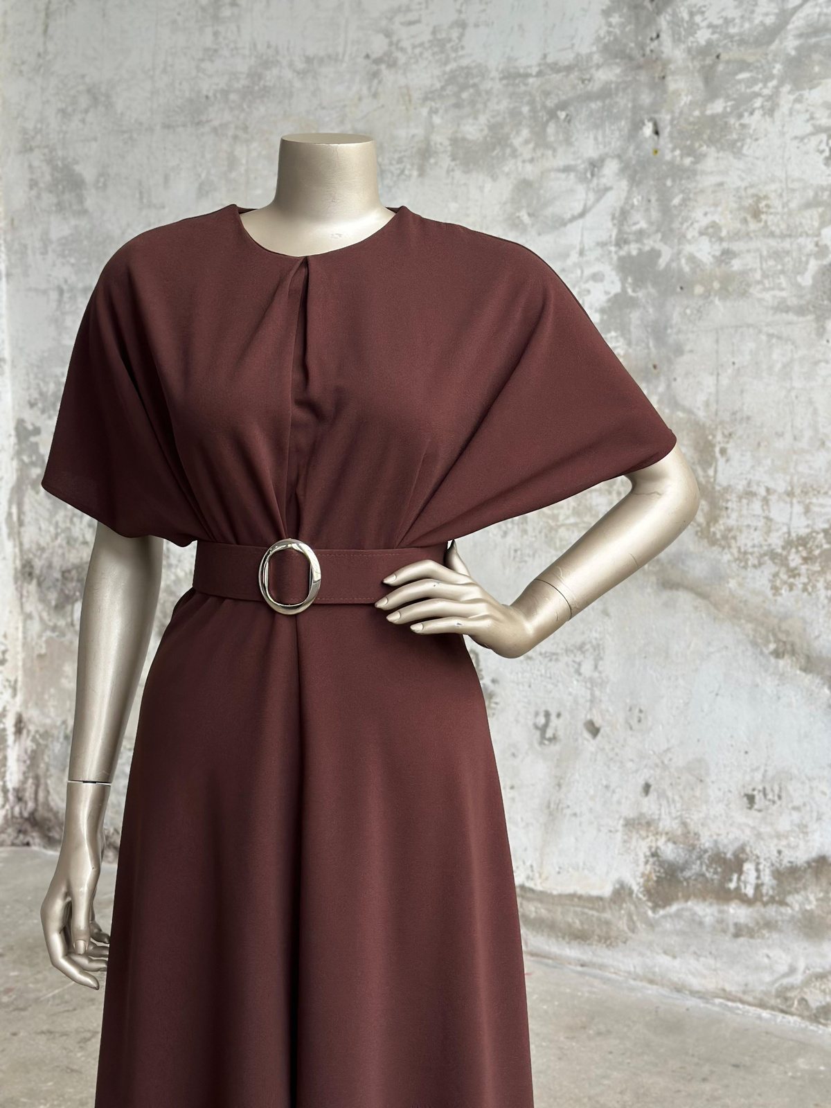 Vintage Toka Kemerli Elbise (Kahve)