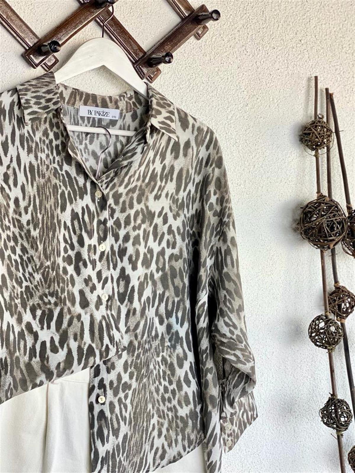 Viskon Kumaş Leopar Desen Oversize Salaş Gömlek (Antrasit)