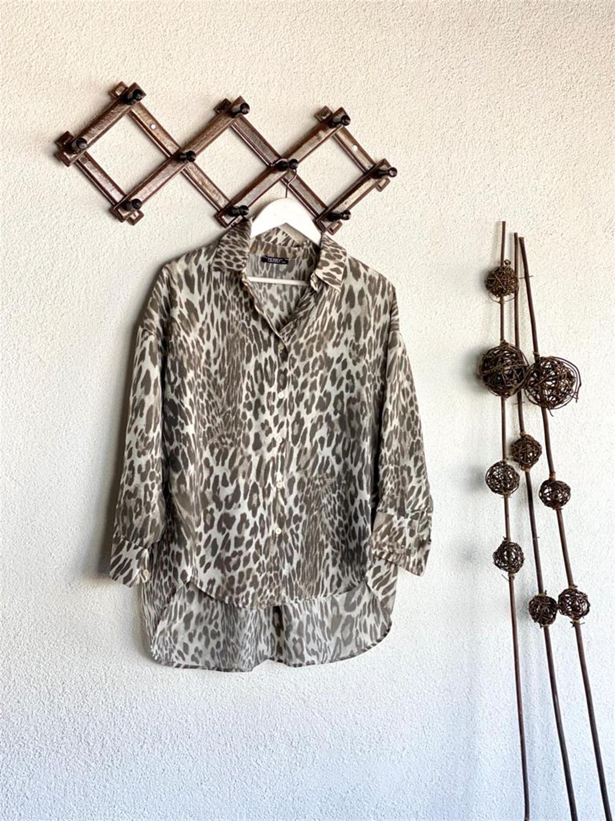 Viskon Kumaş Leopar Desen Oversize Salaş Gömlek (Antrasit)