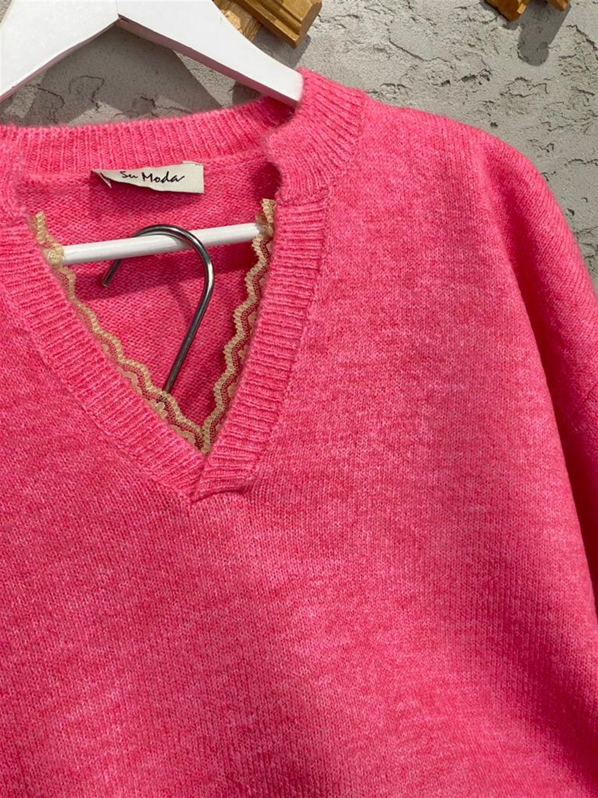 Yakası Dantelli Yumoş Kazak (Pembe)
