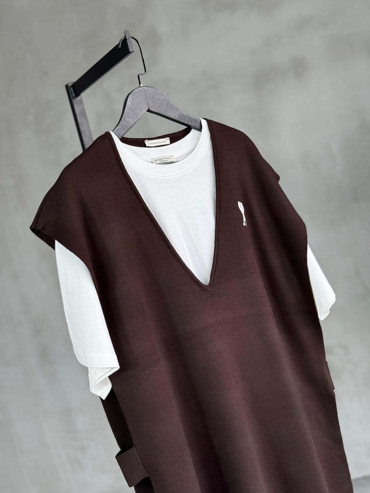 Yan Bantlı Triko Oversize Süveter (Kahve)