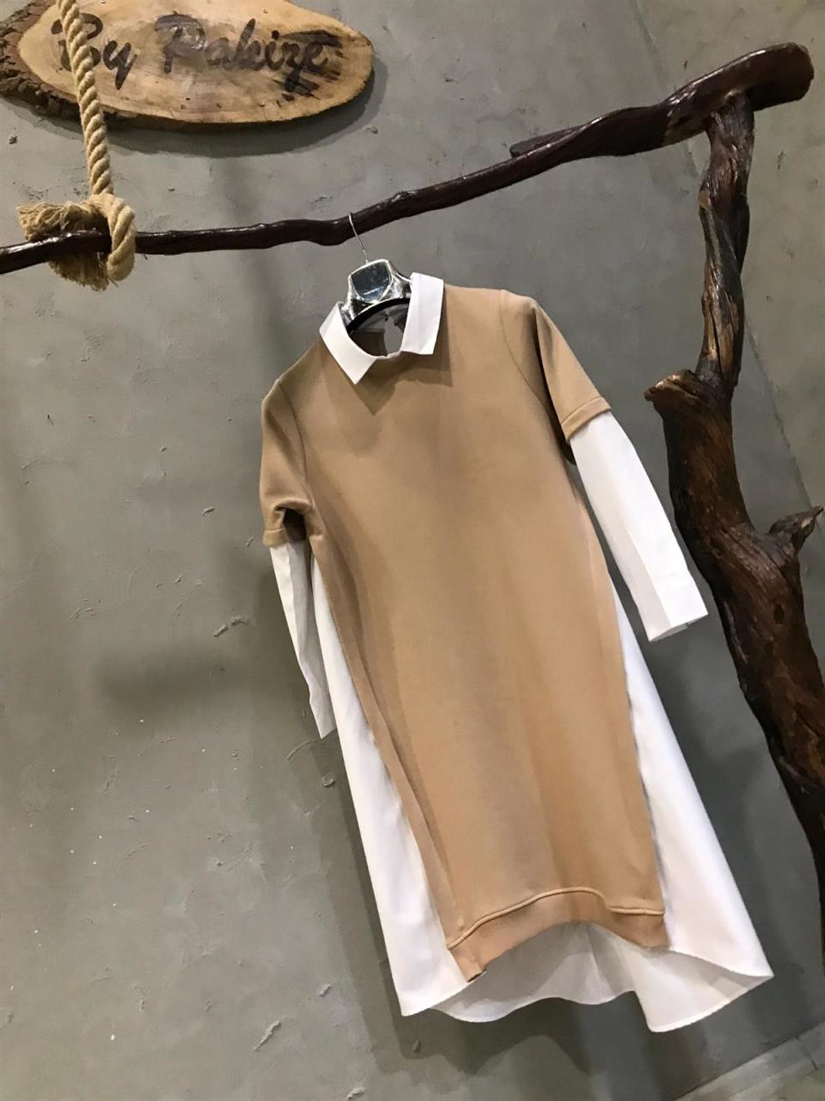 Yanları Coton  Kumaş Detaylı Sweat Tunik Elbise  (BEJ)