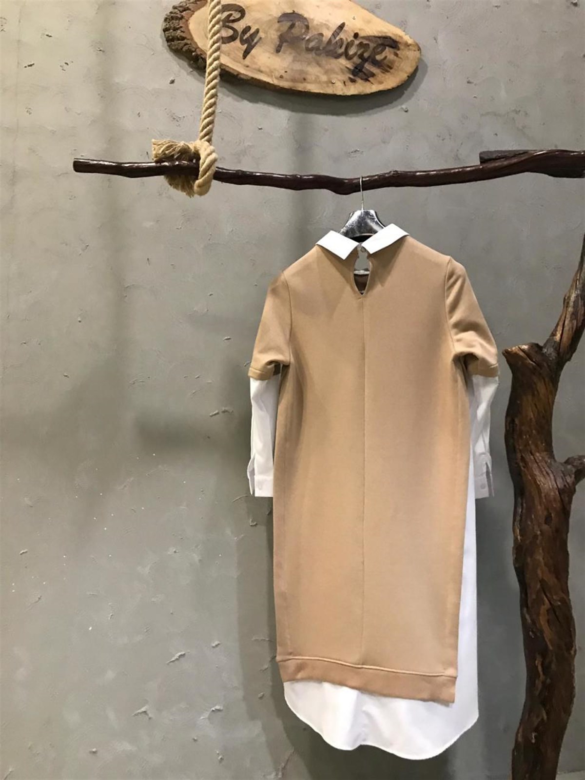 Yanları Coton  Kumaş Detaylı Sweat Tunik Elbise  (BEJ)