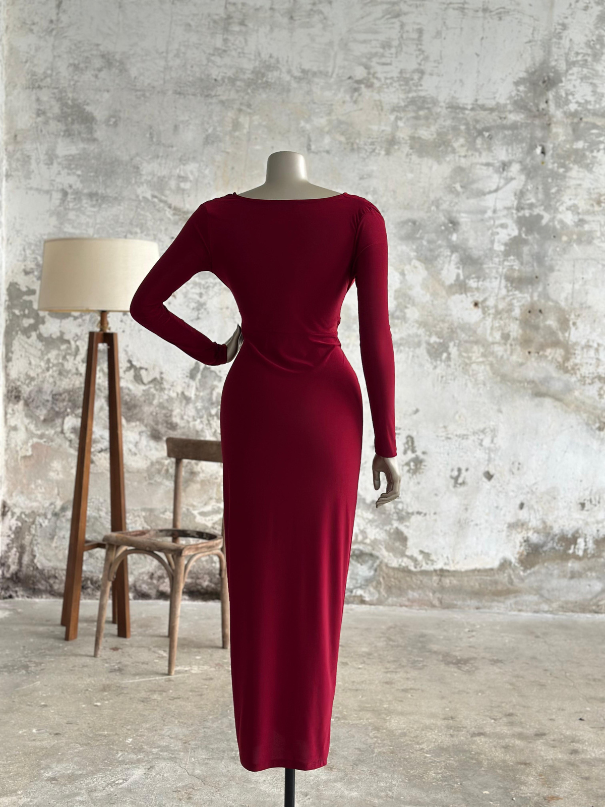 Yanları Pencere Detaylı Midi Elbise (Bordo)