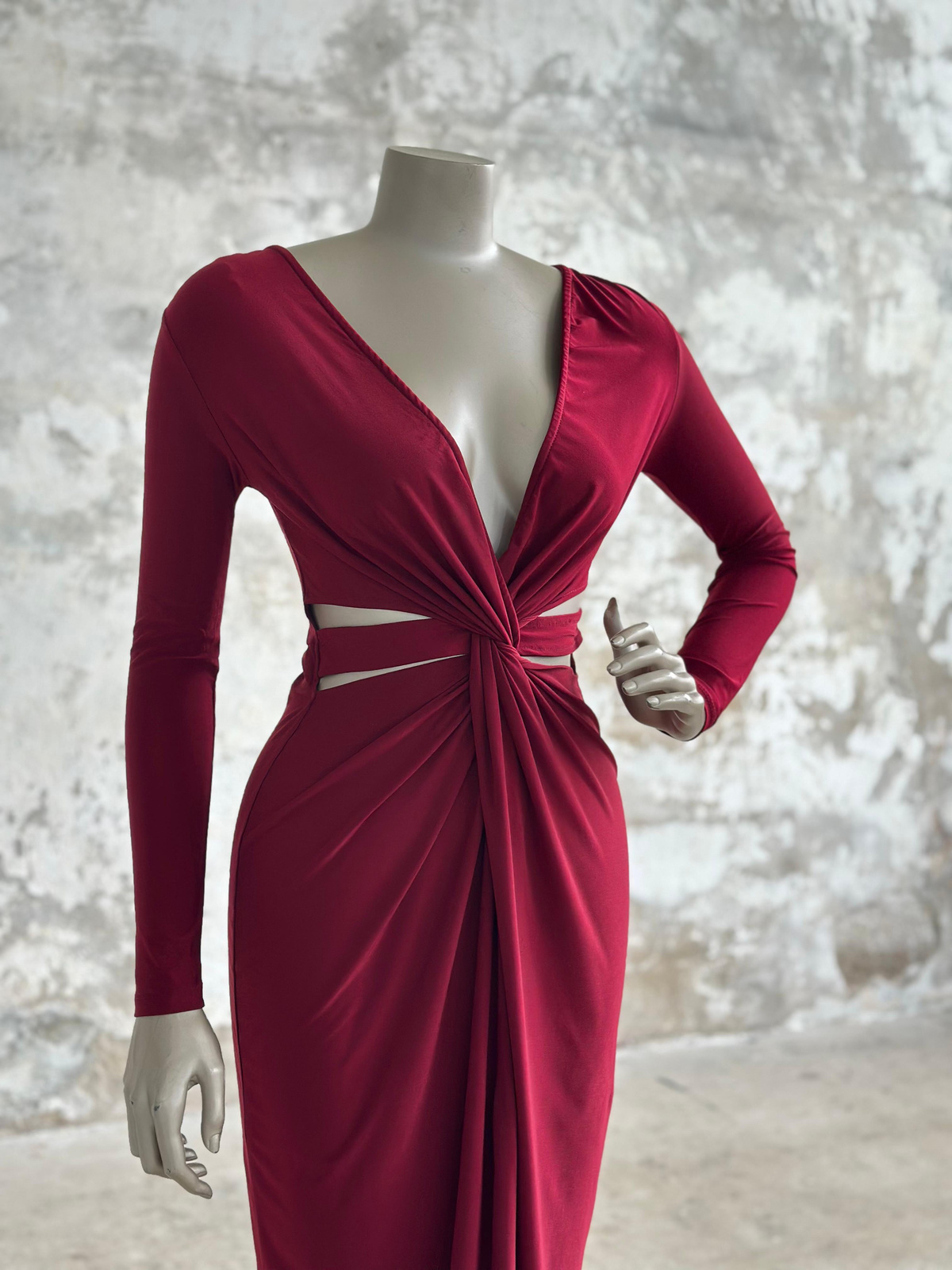 Yanları Pencere Detaylı Midi Elbise (Bordo)