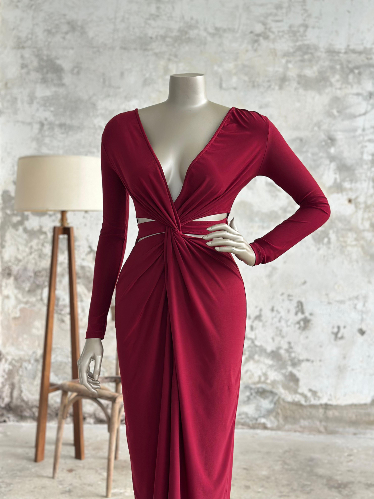 Yanları Pencere Detaylı Midi Elbise (Bordo)