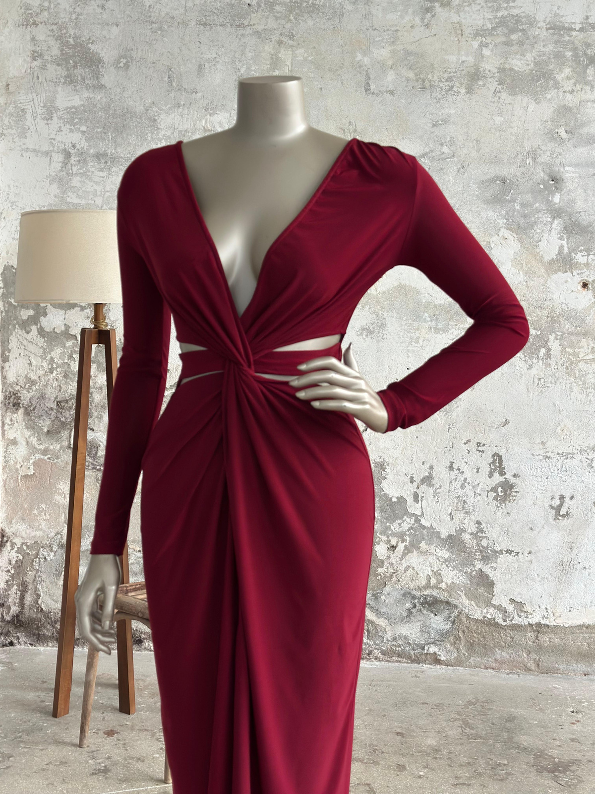 Yanları Pencere Detaylı Midi Elbise (Bordo)