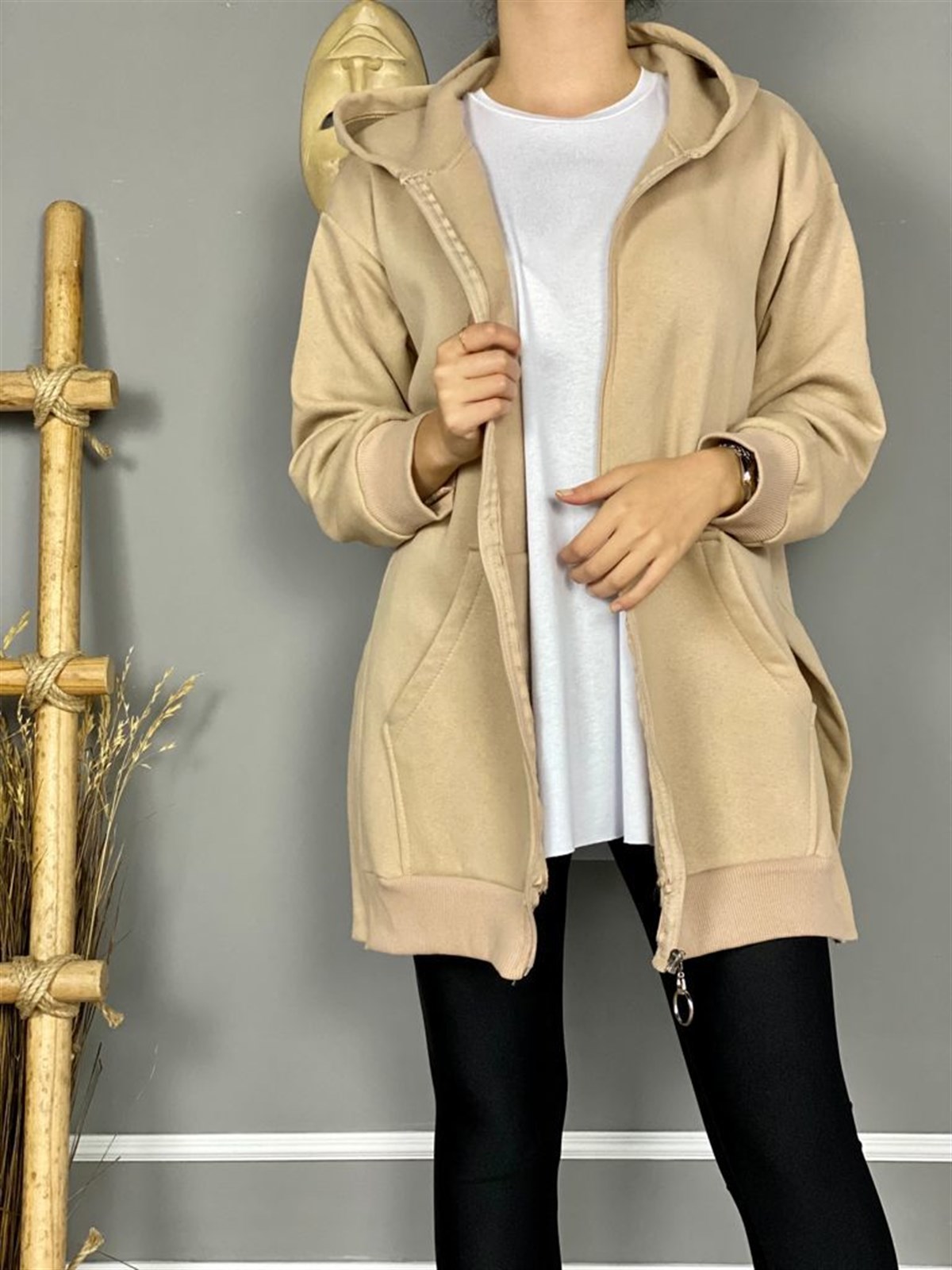 Yanları Yırtmaçlı Kapşonlu Sweat Hırka (Camel)