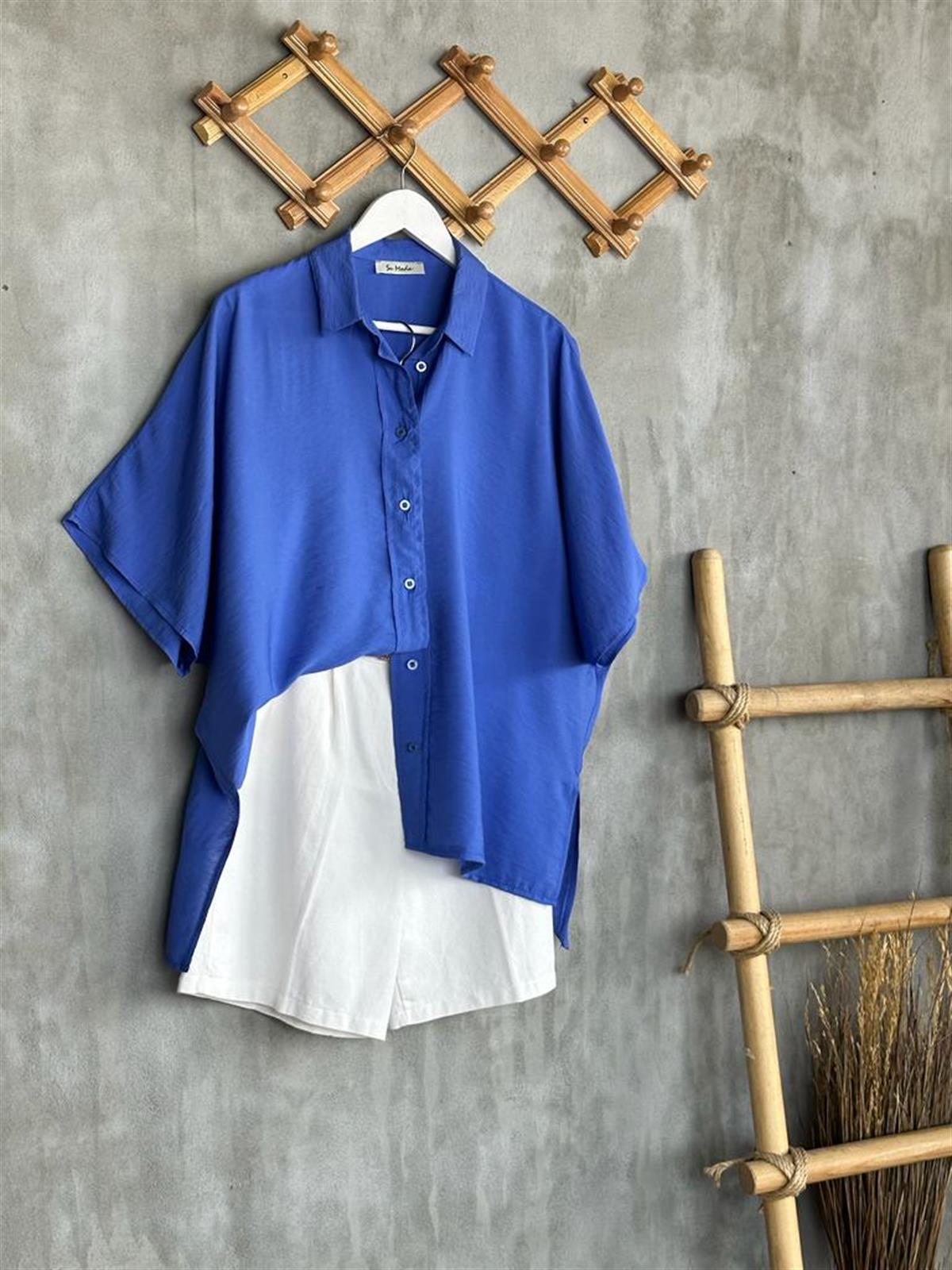 Yarasa Kol Tunik Boy Yanları Yırtmaçlı Gömlek (Saks)