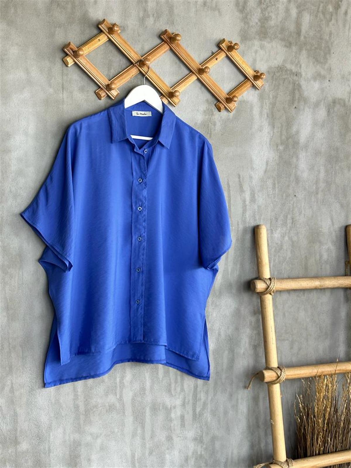 Yarasa Kol Tunik Boy Yanları Yırtmaçlı Gömlek (Saks)