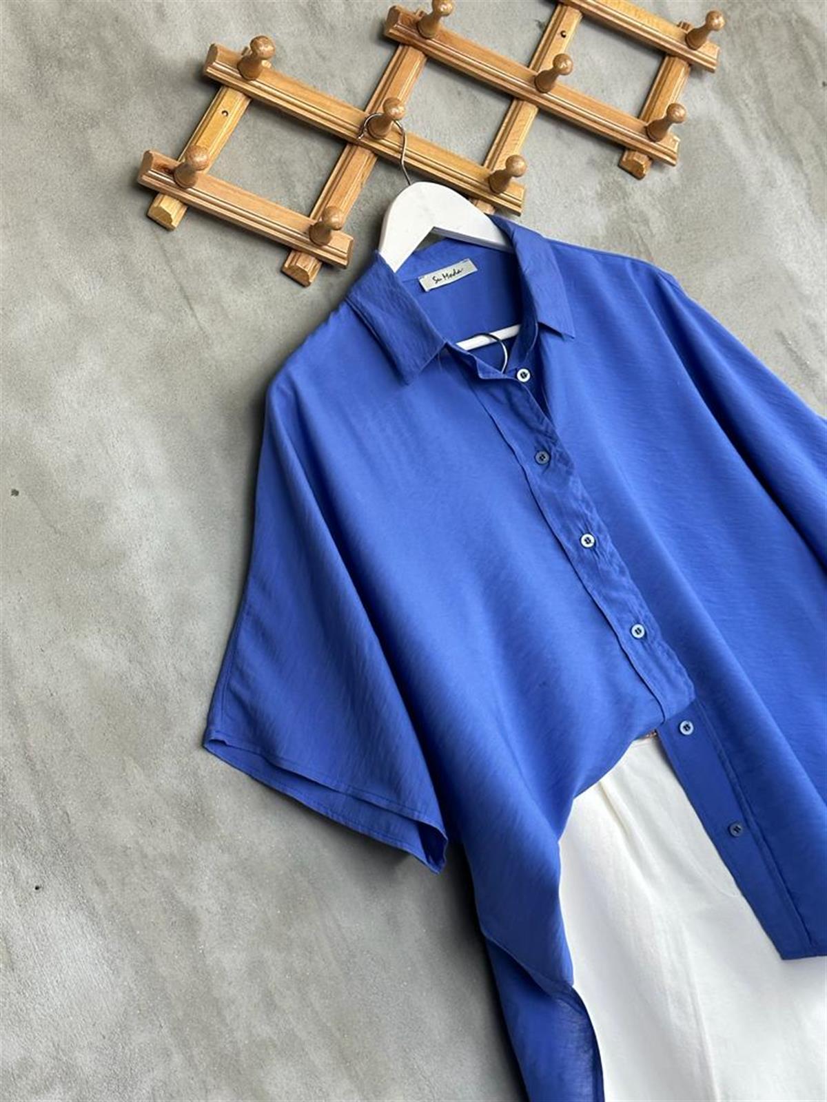 Yarasa Kol Tunik Boy Yanları Yırtmaçlı Gömlek (Saks)