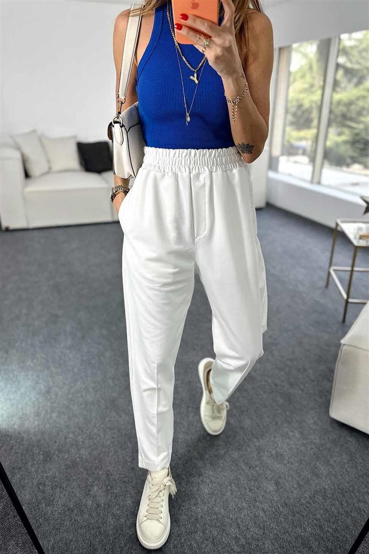 Yarı Çımalı Jogger Pantolon (Beyaz)