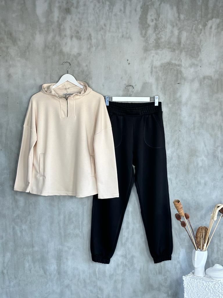 Yarım Fermuarlı Kapşonlu Sweat (Bej)