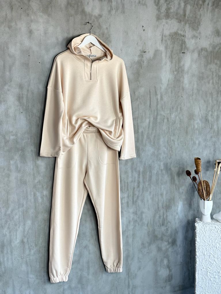 Yarım Fermuarlı Kapşonlu Sweat (Bej)