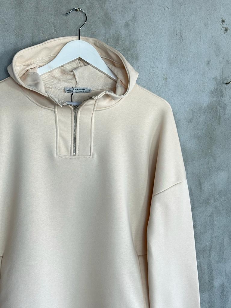 Yarım Fermuarlı Kapşonlu Sweat (Bej)