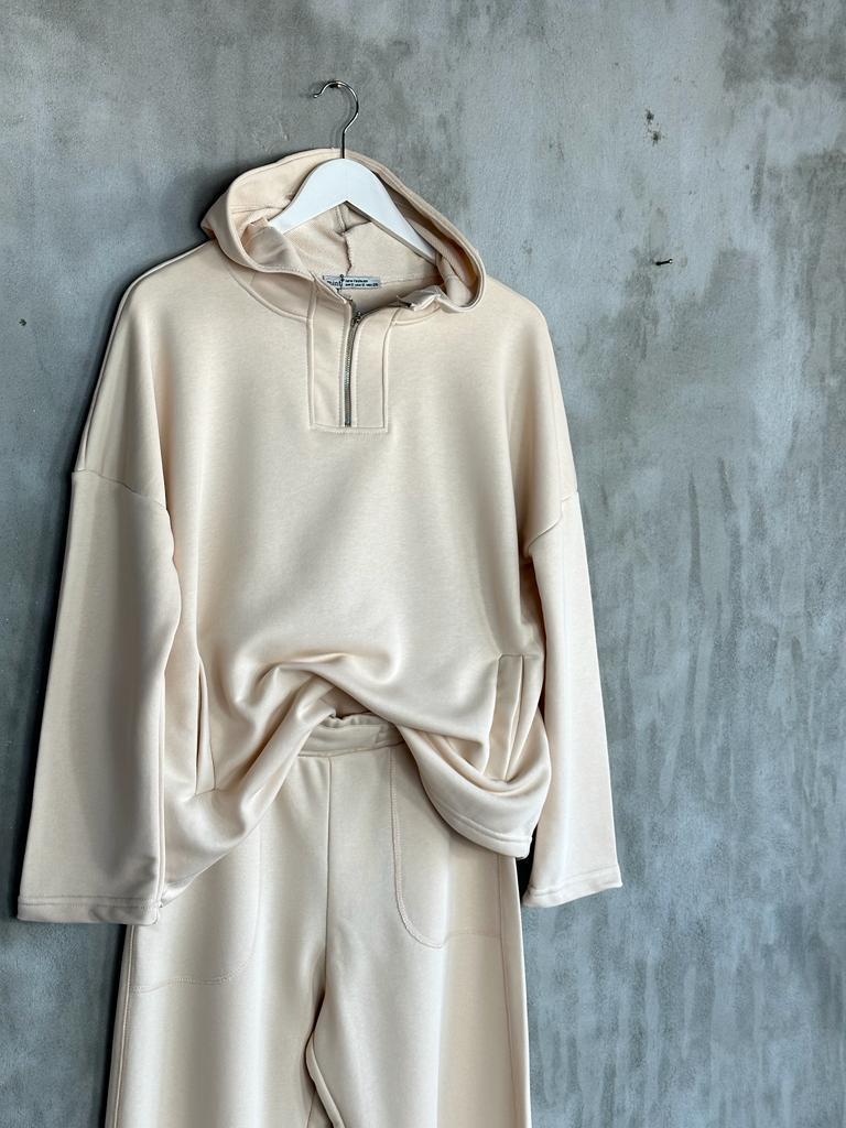 Yarım Fermuarlı Kapşonlu Sweat (Bej)