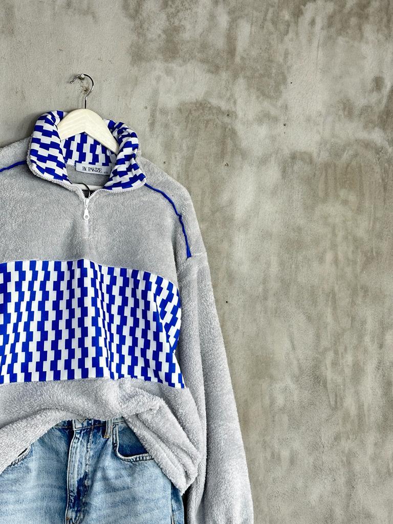 Yarım Fermuarlı Peluş Kadın Sweat (Gri) 