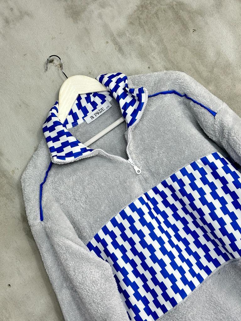 Yarım Fermuarlı Peluş Kadın Sweat (Gri) 
