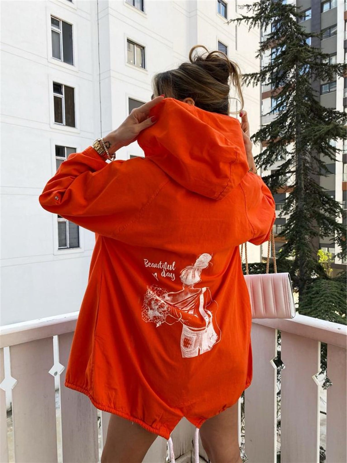 Yazı Baskılı Sırt Detay Keten Fermuarlı Ceket (Oranj)