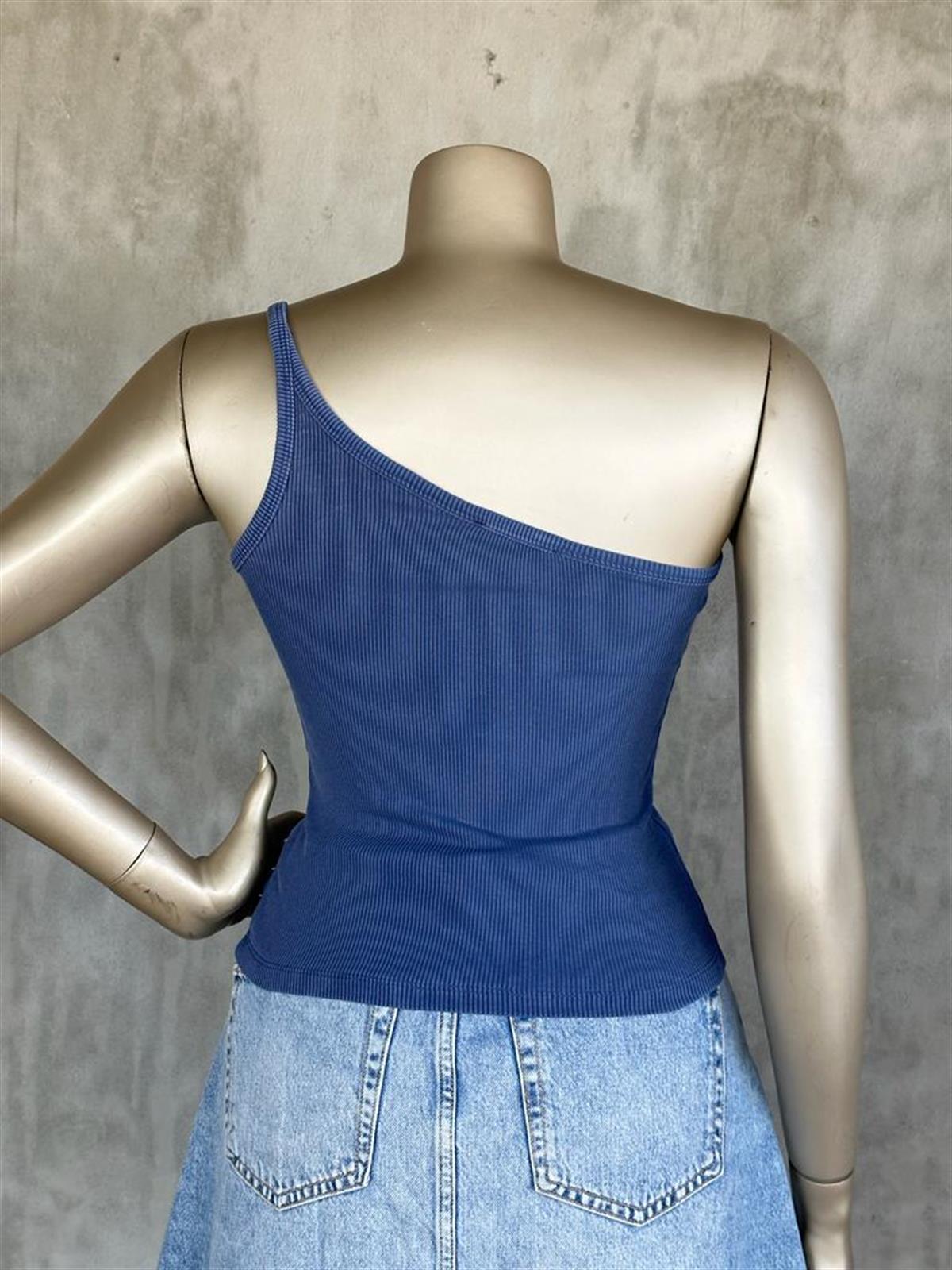 Yıkamalı Asimetrik Kesim Dilvin Crop Top (Lacivert/Antrasit)
