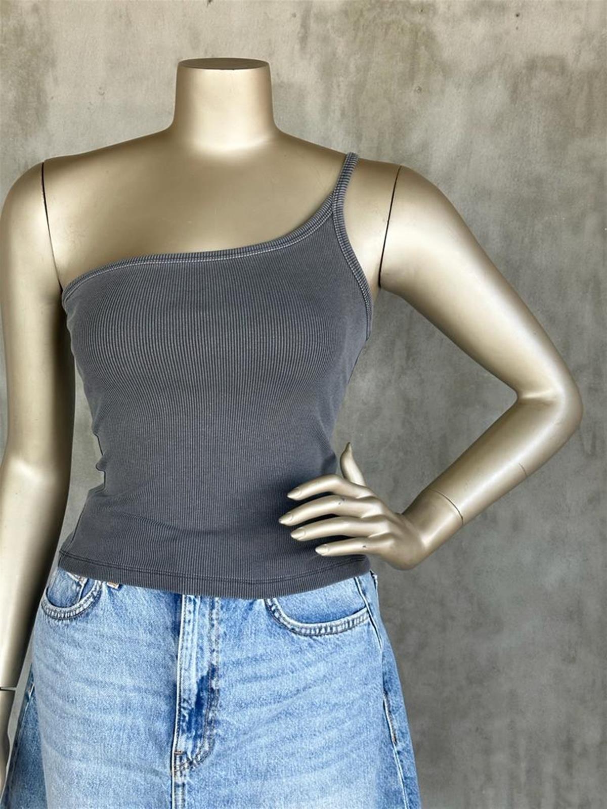 Yıkamalı Asimetrik Kesim Dilvin Crop Top (Lacivert/Antrasit)