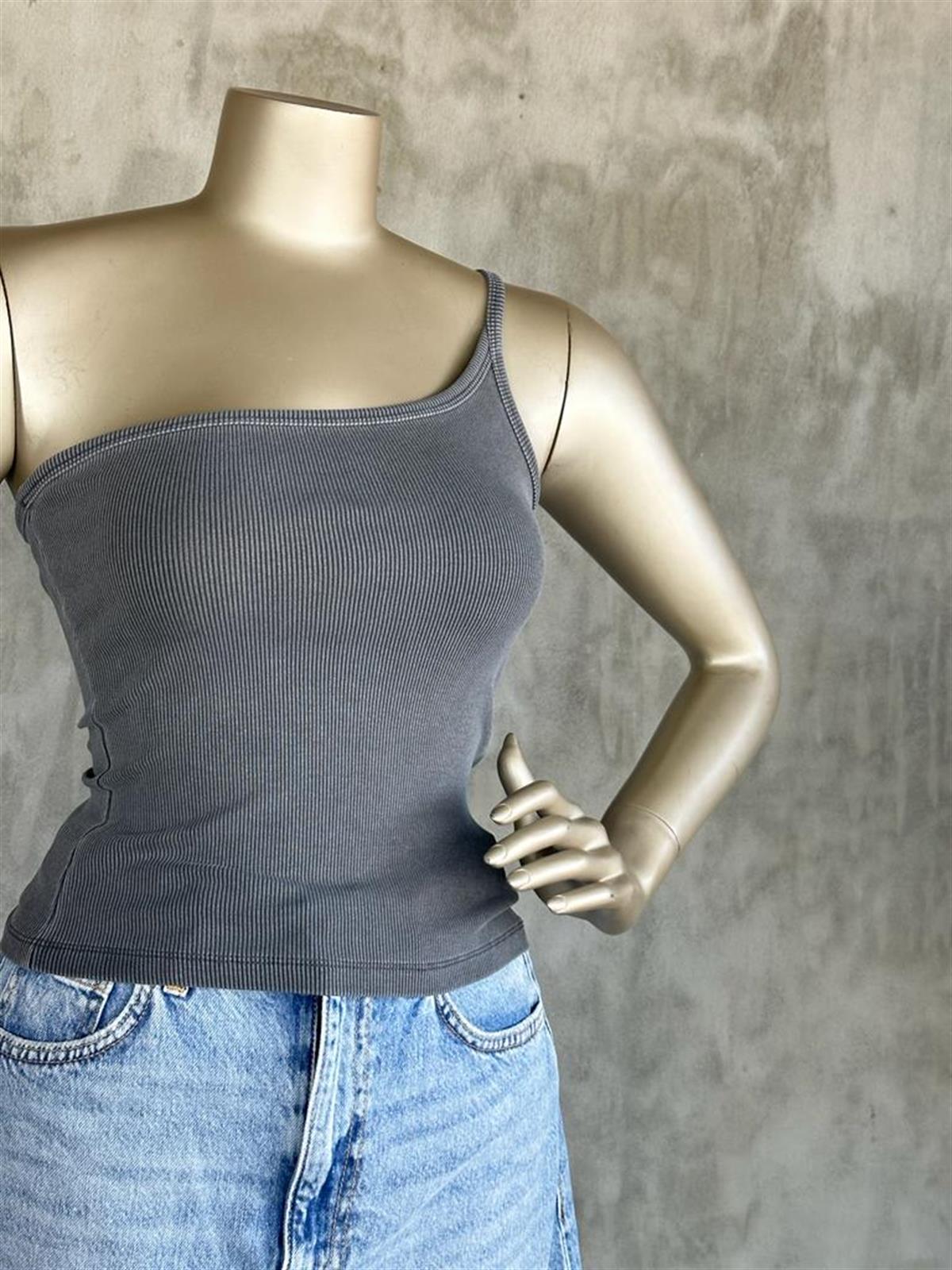 Yıkamalı Asimetrik Kesim Dilvin Crop Top (Lacivert/Antrasit)