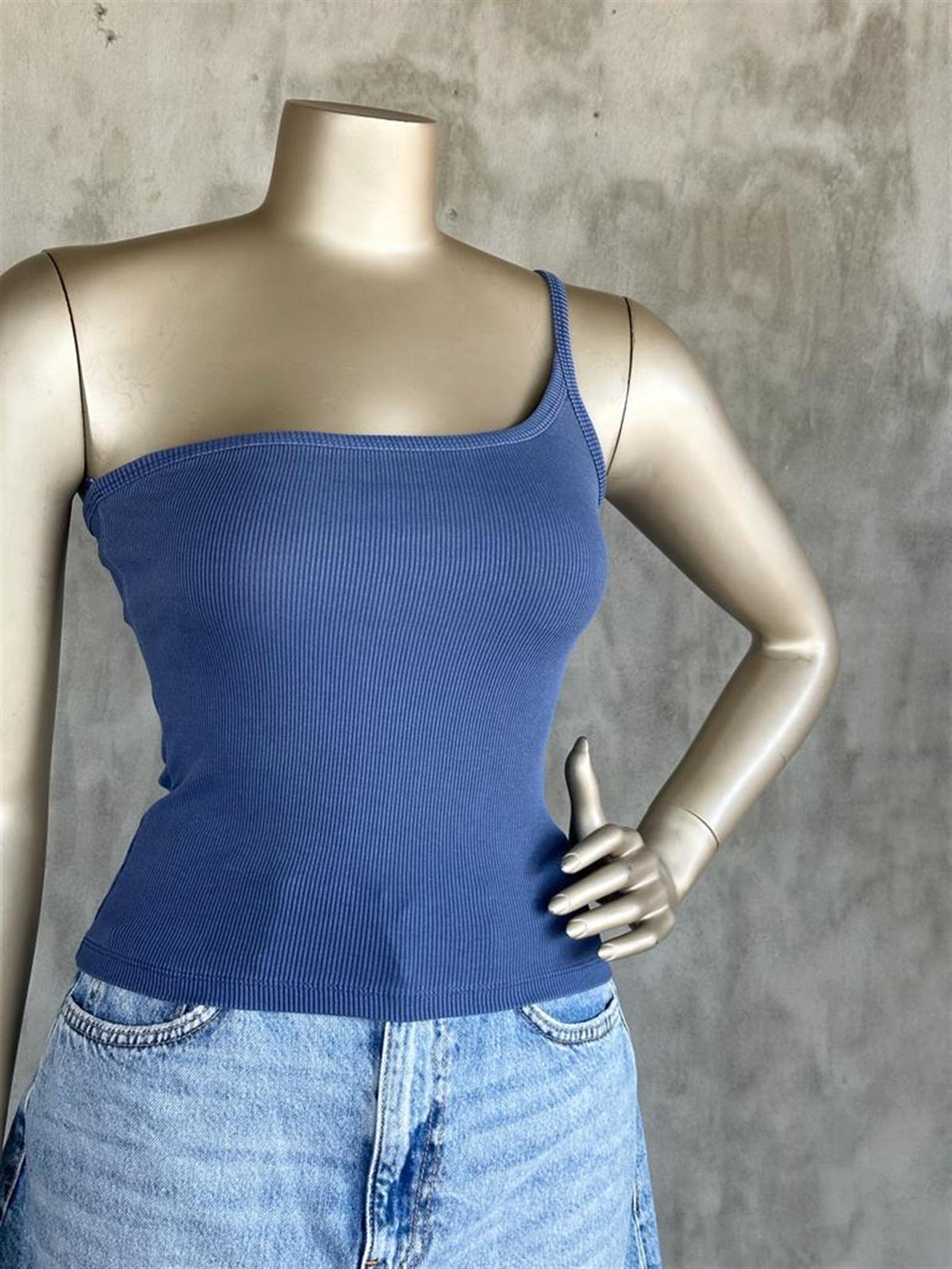 Yıkamalı Asimetrik Kesim Dilvin Crop Top (Lacivert/Antrasit)