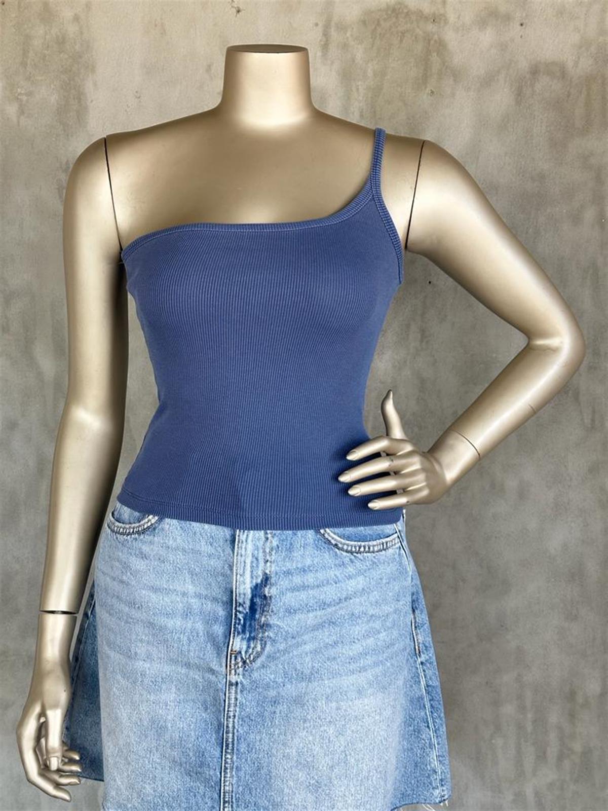 Yıkamalı Asimetrik Kesim Dilvin Crop Top (Lacivert/Antrasit)